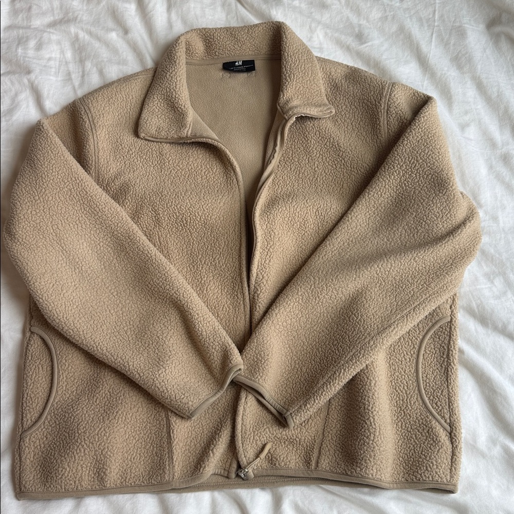h&m oversized teddy tan zip up jacket